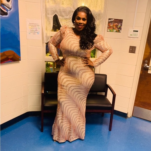 PLUS GOLD ASYMMETRICAL NECKLINE FORMAL MERMAID DRESS - Picture 3 of 11